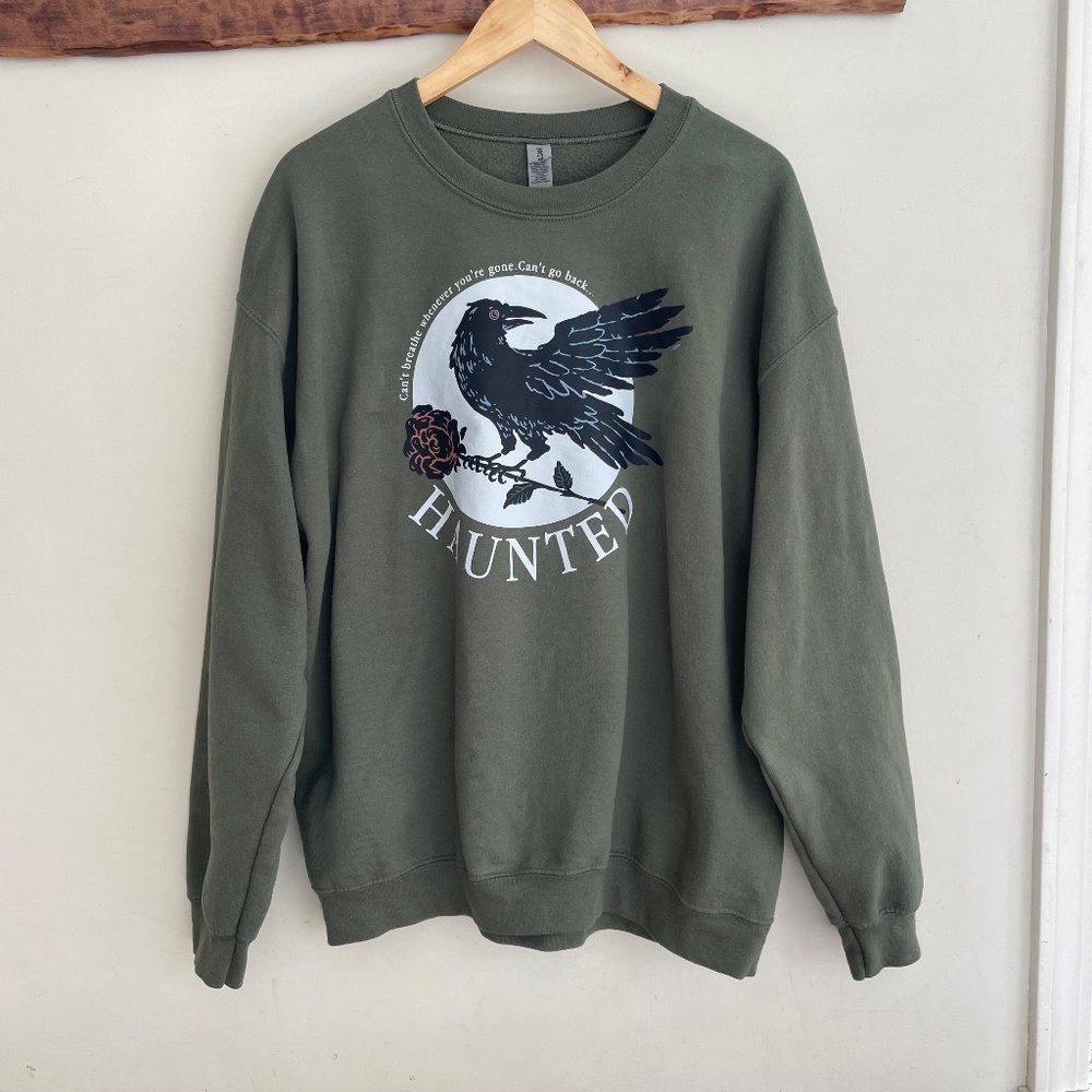 Taylor Swift Haunted Crow & Rose Forest Green Oversized Crew Sweatshirt XL